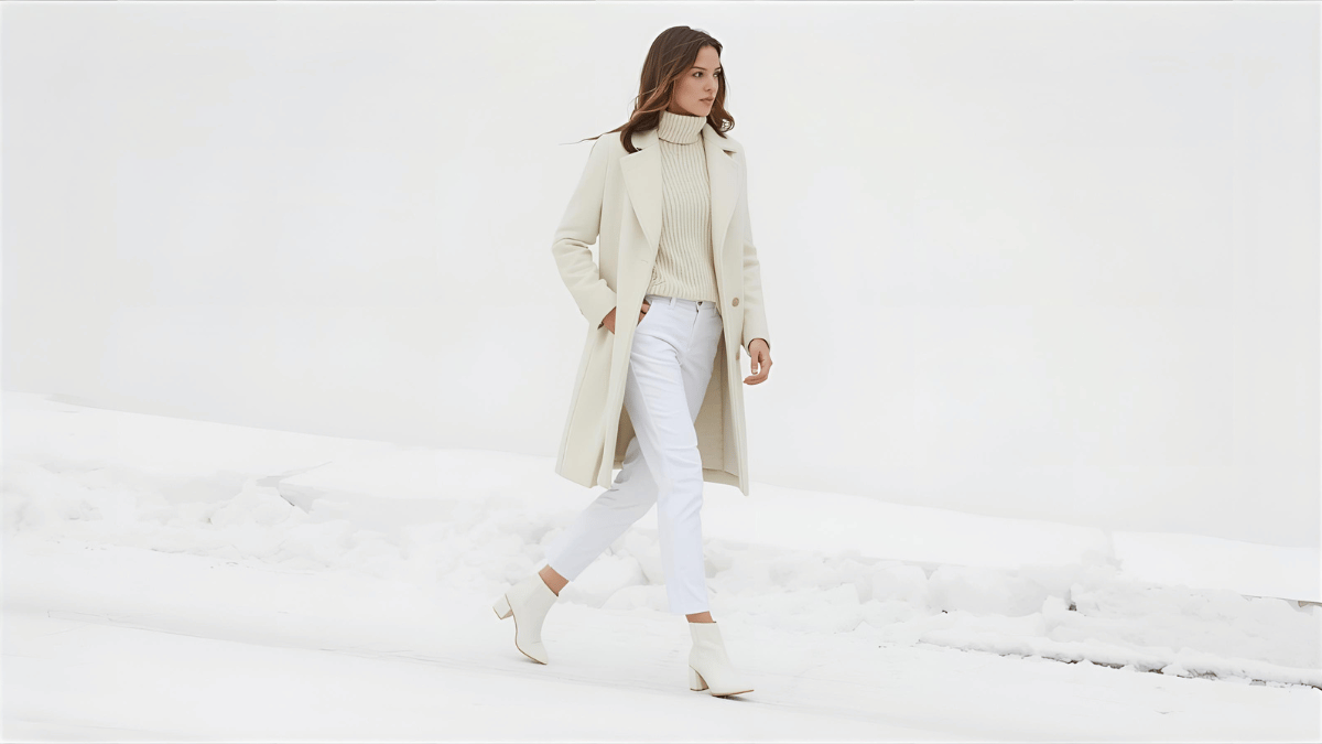 A chic woman in an all-white winter outfit—wool coat, cream sweater, white pants, and matching boots—walking along a snowy street, minimal and elegant composition.