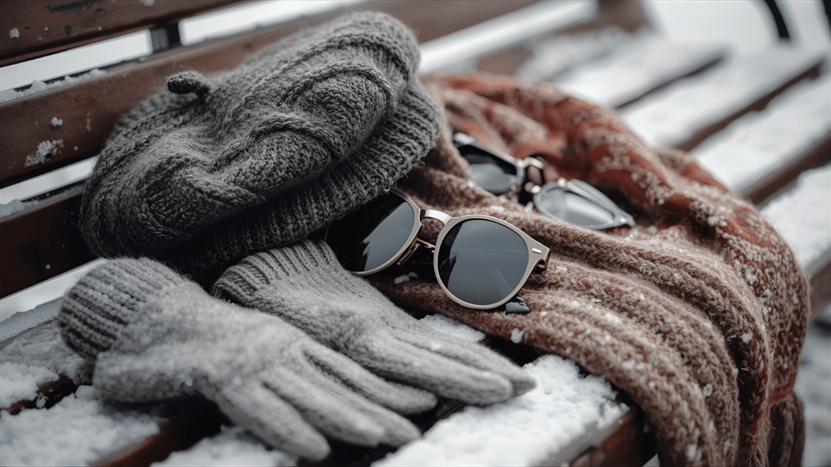 A close-up of winter accessories: knit gloves, beret, scarf, and sunglasses on a snow-covered bench, cozy aesthetic.