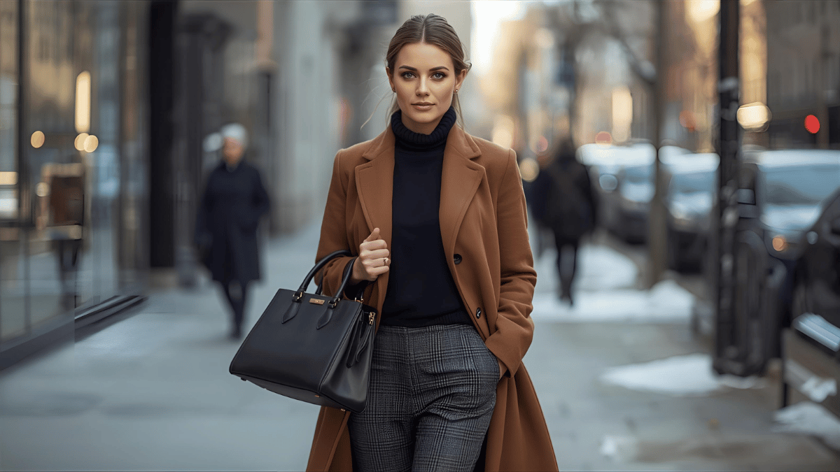 A confident woman in a city street wearing a camel coat over a black turtleneck and tailored trousers, carrying a structured handbag, office district background with winter lighting.