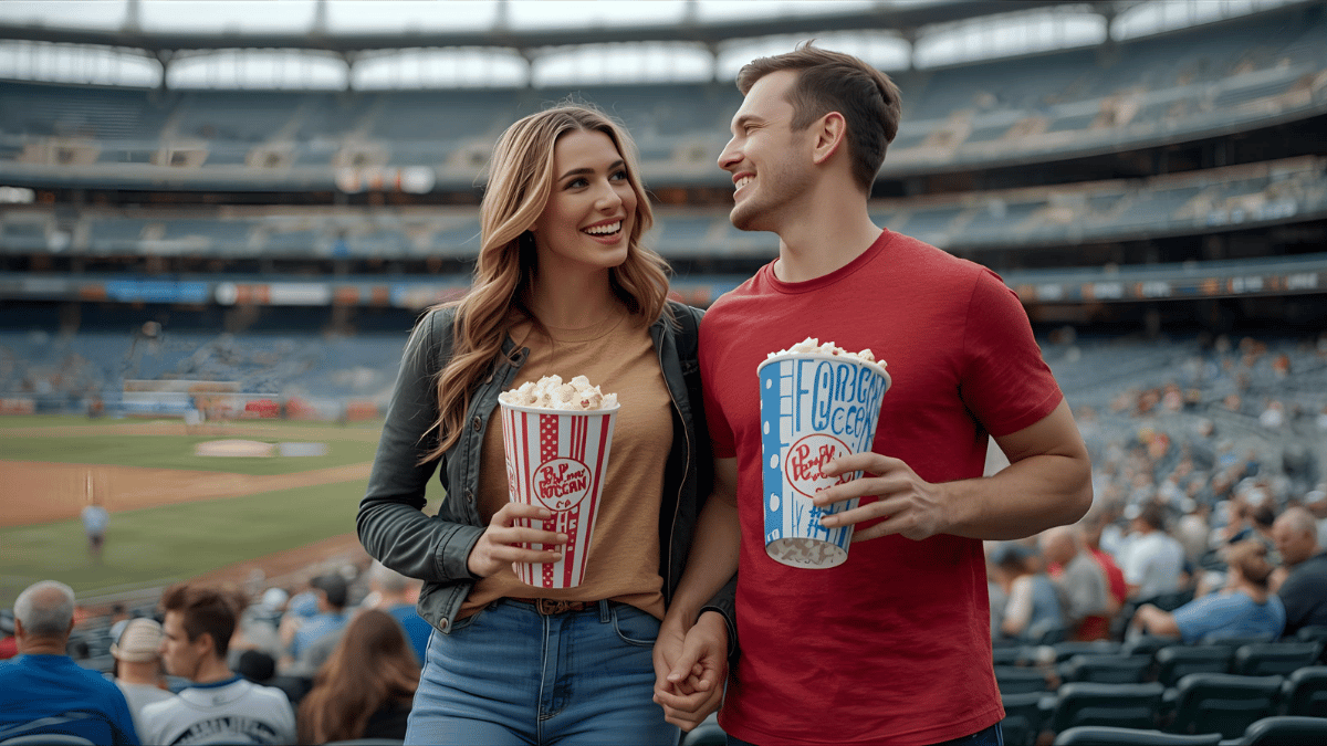 A couple at a baseball stadium wearing color-coordinated casual outfits, smiling and holding hands with popcorn.