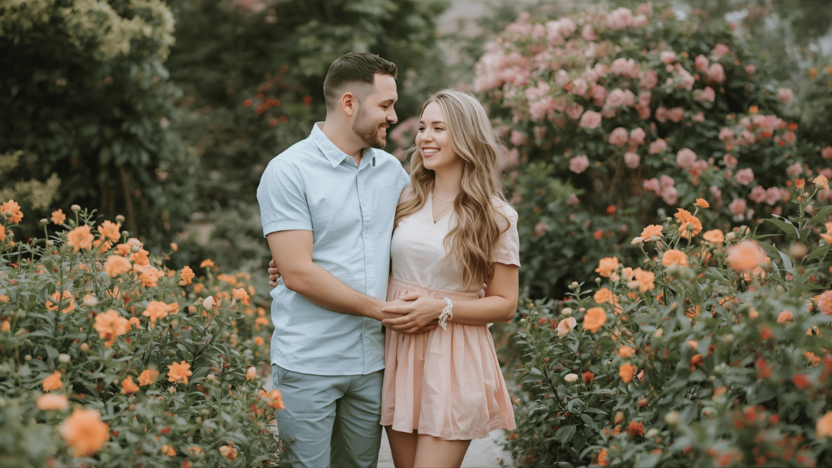 A couple in a blooming flower garden, wearing soft pastel outfits and sharing a lighthearted smile.