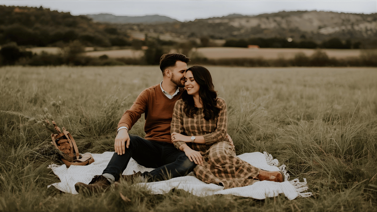 A couple in a countryside field, sitting on a blanket, dressed in rustic tones of brown and olive.