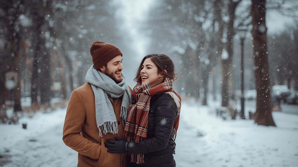 A couple in a snowy park, wrapped in scarves, laughing as snowflakes fall.