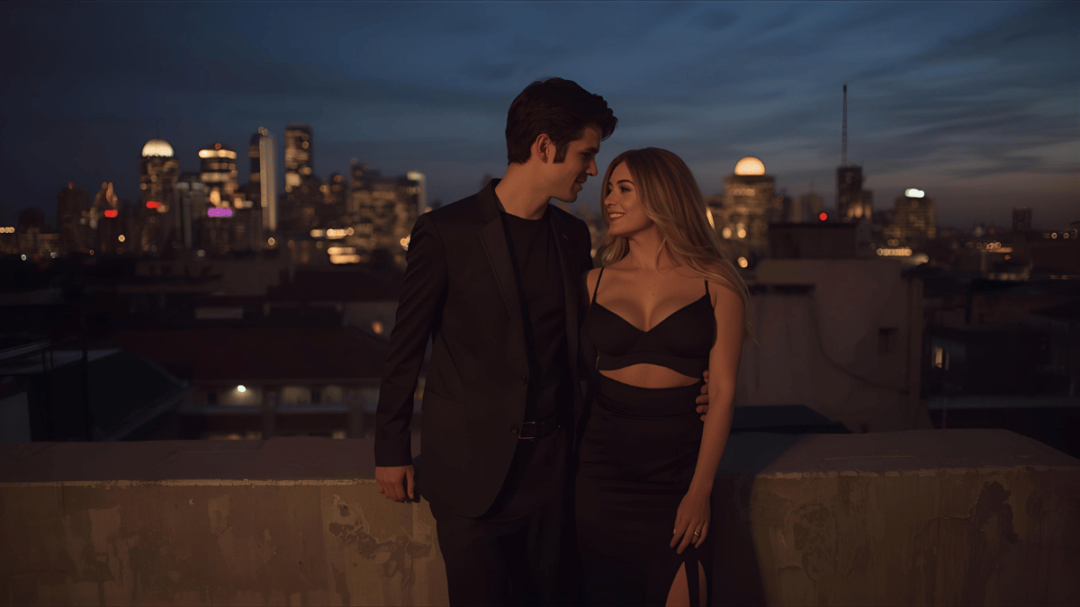 A couple on a rooftop at dusk with city lights behind them, both wearing sleek modern outfits.
