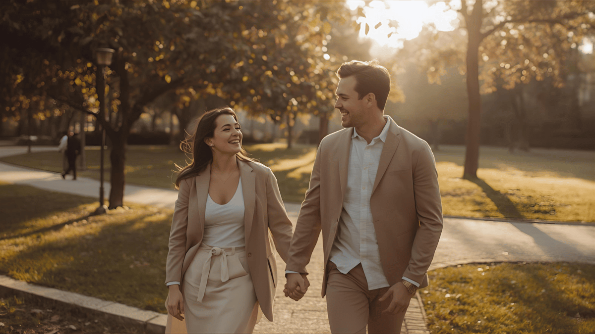 A couple walking hand-in-hand through a sunlit park, wearing beige and white outfits, laughing naturally.