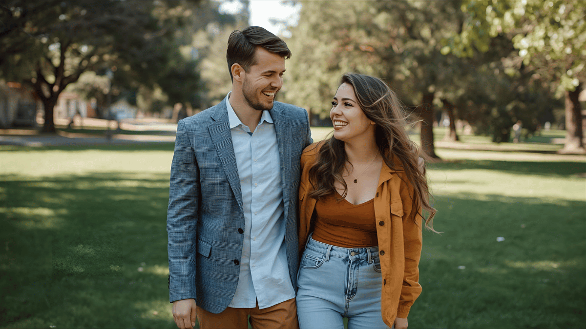A couple standing side by side, smiling playfully, wearing color-coordinated but different outfits.