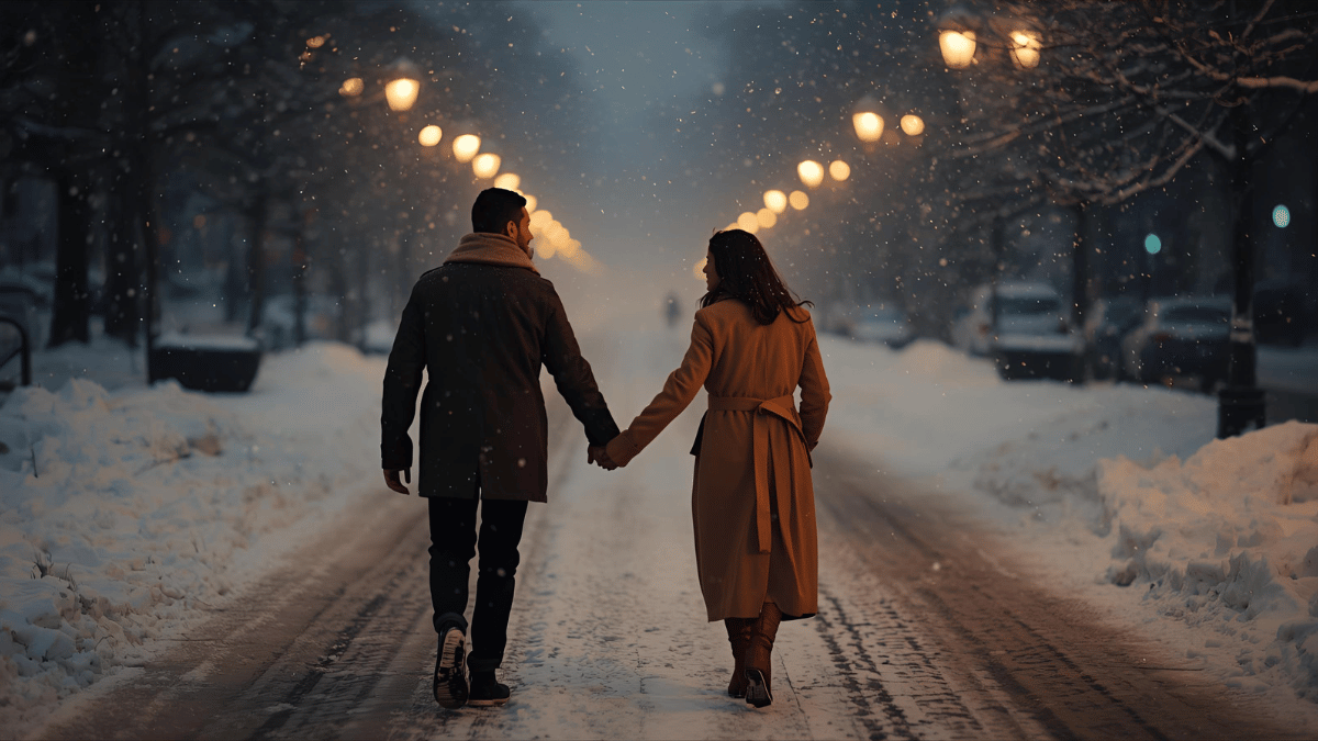 A couple walking hand in hand on a snowy evening street, woman in a long belted camel coat and boots, glowing street lamps and falling snowflakes.