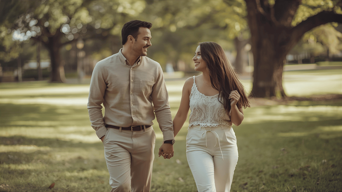 A couple walking hand-in-hand through a sunlit park, wearing beige and white outfits, laughing naturally.