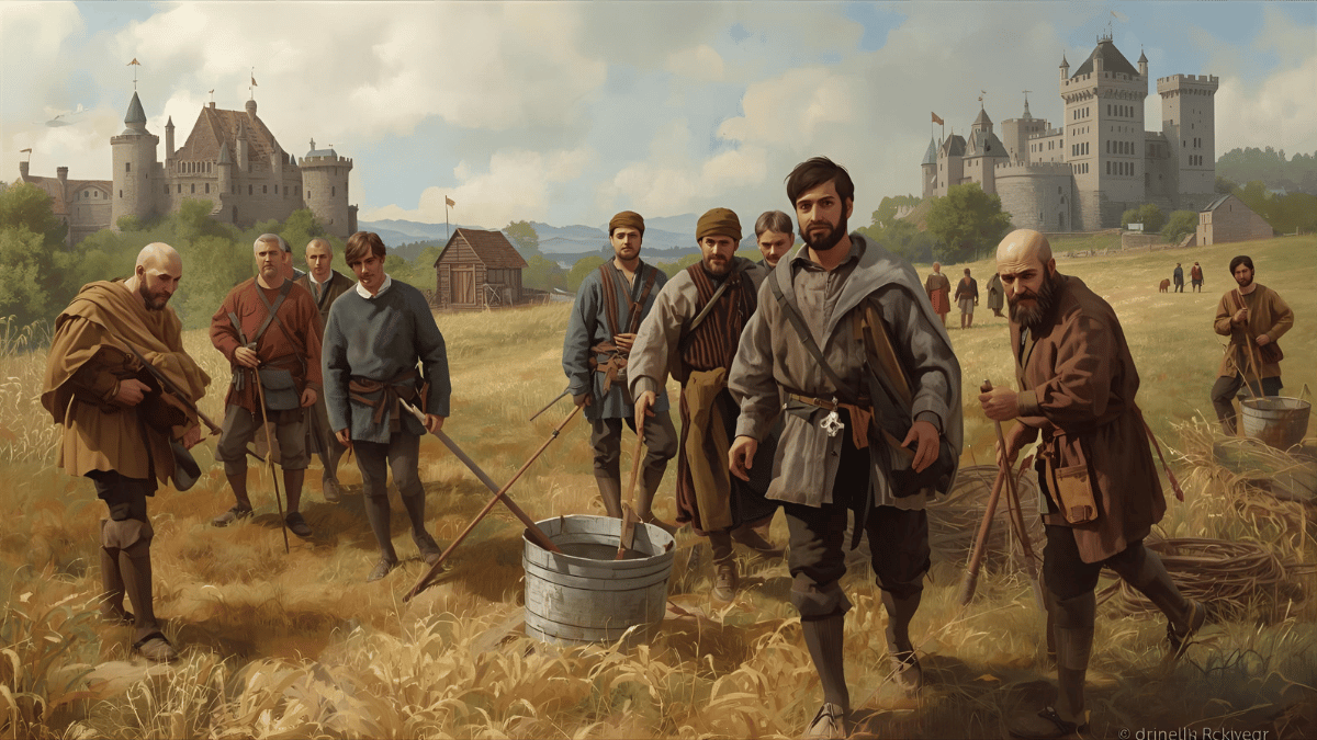 A detailed illustration of early medieval men wearing wool tunics and hose in earthy tones, working in a village field with castles in the background, realistic medieval atmosphere.