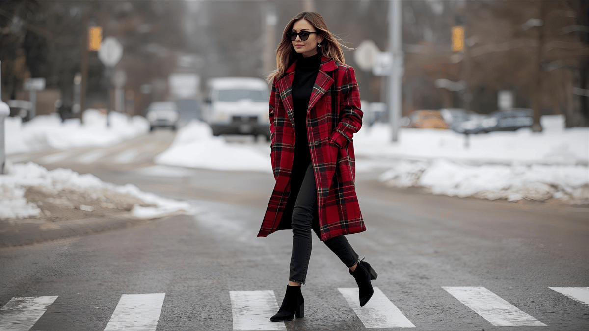 A fashionable woman walking across a snowy street in a red plaid statement coat, black jeans, ankle boots, and sunglasses, confident stride and stylish energy.