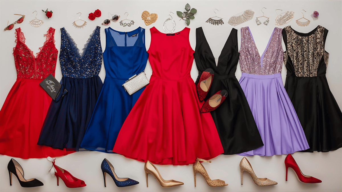 A flat lay of homecoming dresses in red, blue, lavender, black, and gold shades with matching accessories and heels on a light background.