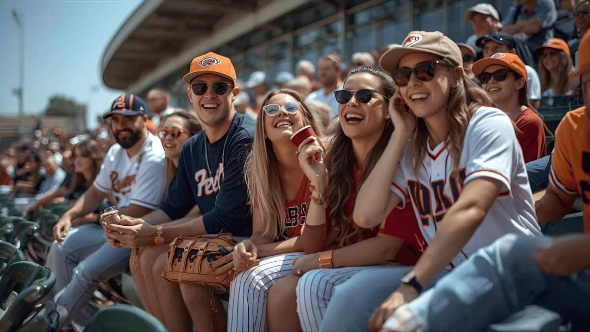 A group of stylish friends — both men and women — laughing and enjoying a baseball game in sunny weather, wearing trendy casual outfits in team colors.