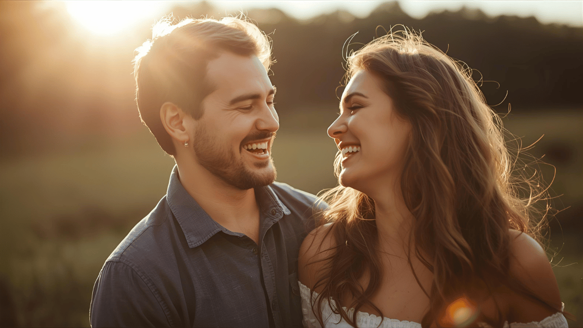 A happy couple sharing a candid laugh during a photoshoot, sunlight glowing behind them, their outfits coordinated but natural.