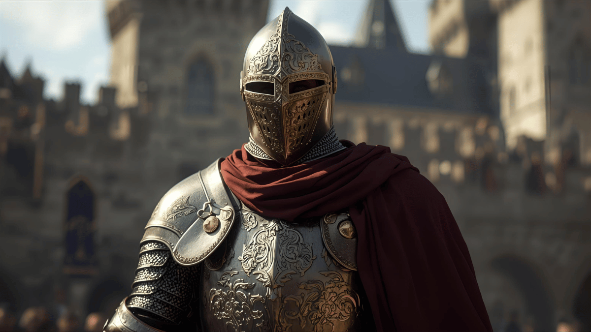 A knight in polished engraved armor with gold accents, wearing a deep red surcoat over his armor, standing under sunlight with a medieval castle backdrop, hyperrealistic style.