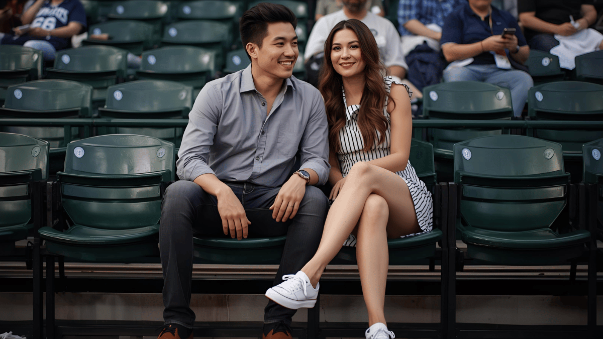 A man and woman sitting close at a baseball game, both stylishly dressed — he’s in dark jeans and a button-up shirt, she’s in a mini dress with sneakers.
