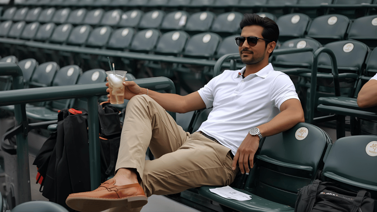 A man in khaki chinos, a white polo shirt, and loafers, sitting at a baseball game with a drink in hand.