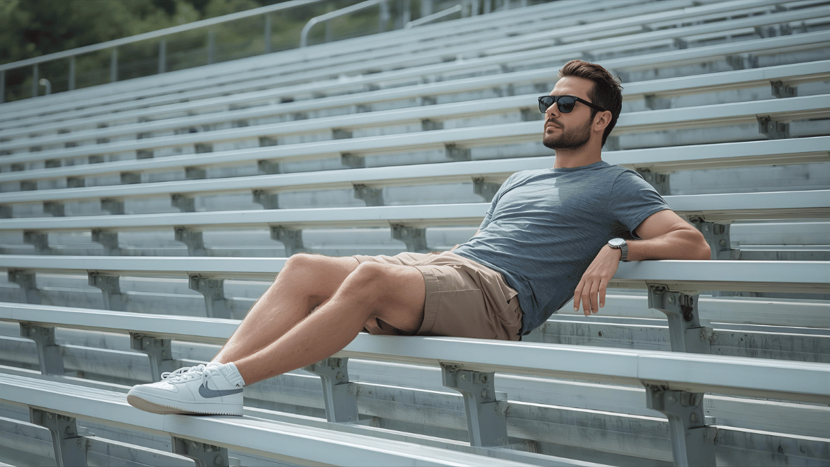 A man in shorts, a relaxed t-shirt, and sneakers lounging on stadium bleachers with sunglasses.