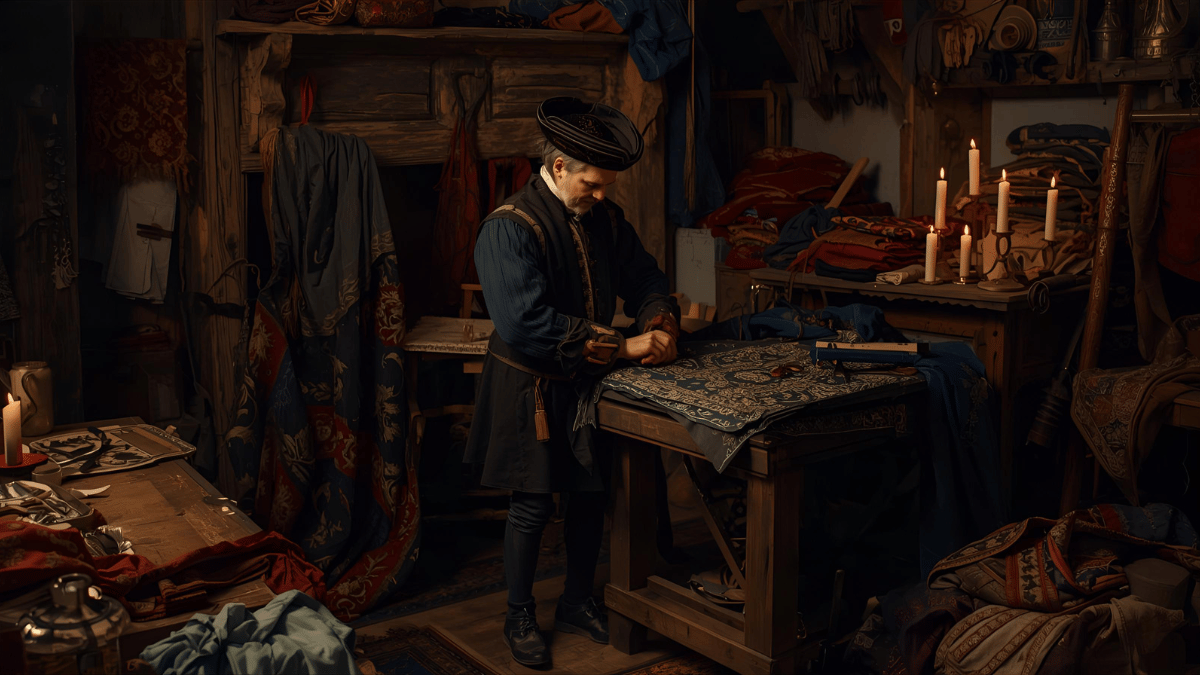 A medieval tailor working on a nobleman’s doublet in a candle-lit workshop, fabrics of brocade and silk scattered around, authentic late medieval scene with detail.