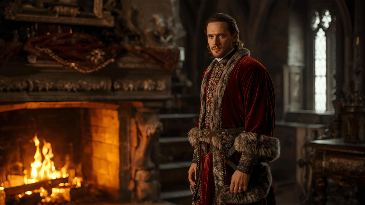 A noble medieval man in a long velvet tunic with gold embroidery and fur trim, standing in a castle hall beside a roaring fireplace, warm lighting, cinematic realism.