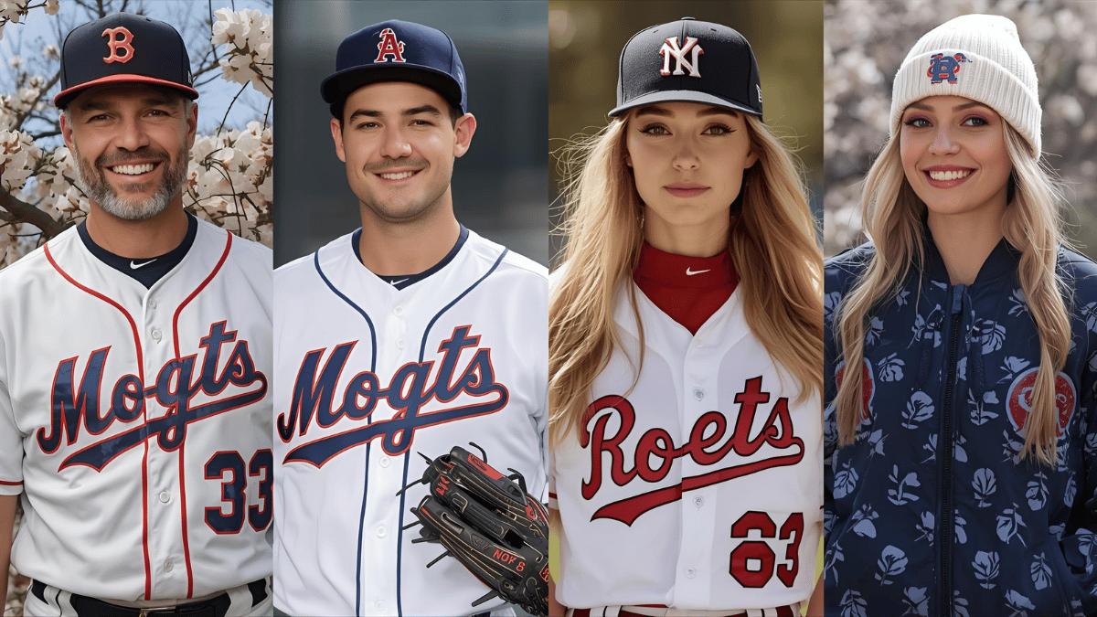 A seasonal collage showing men and women in baseball game outfits across spring, summer, fall, and winter.