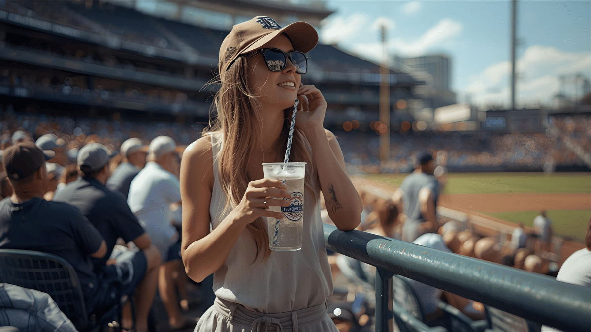 A woman in linen shorts, tank top, and baseball cap enjoying a cold drink under the sun at a baseball game.