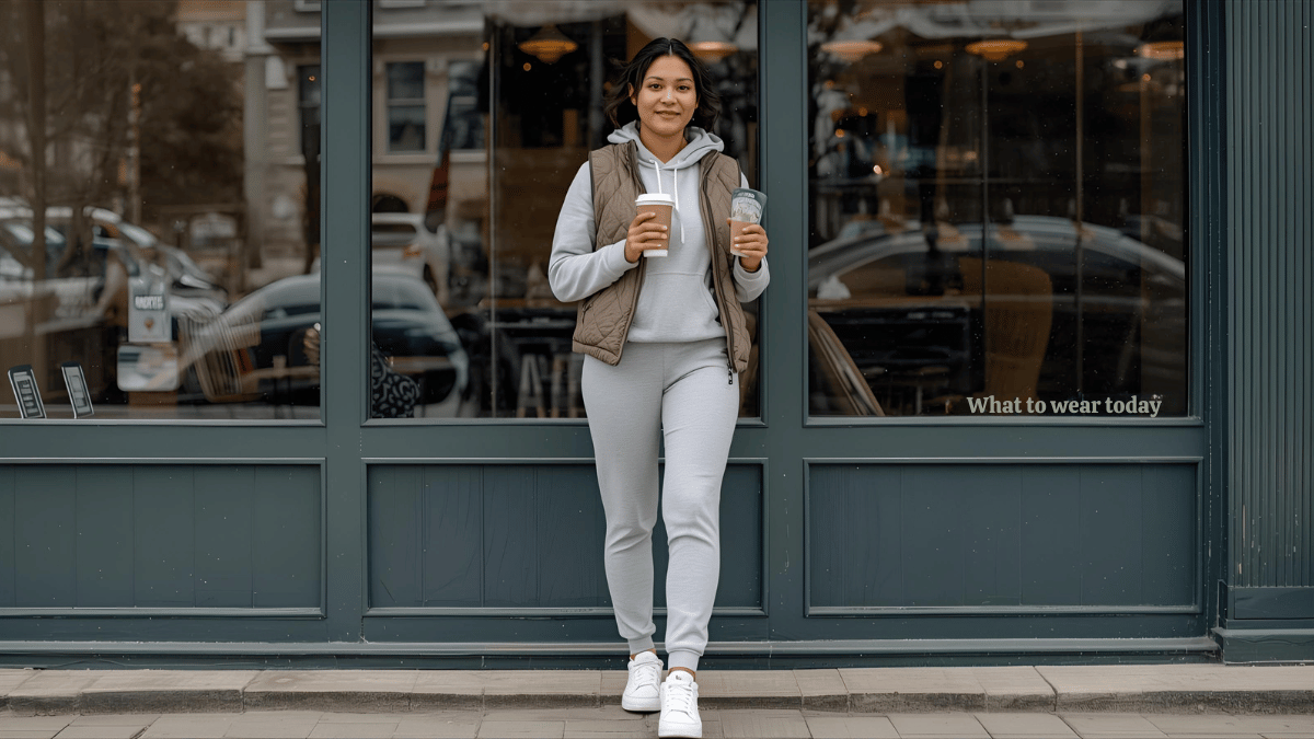 A woman standing outside a cozy café wearing a light grey hoodie, quilted vest, joggers, and white sneakers, holding a coffee cup, with a soft snowy background.
