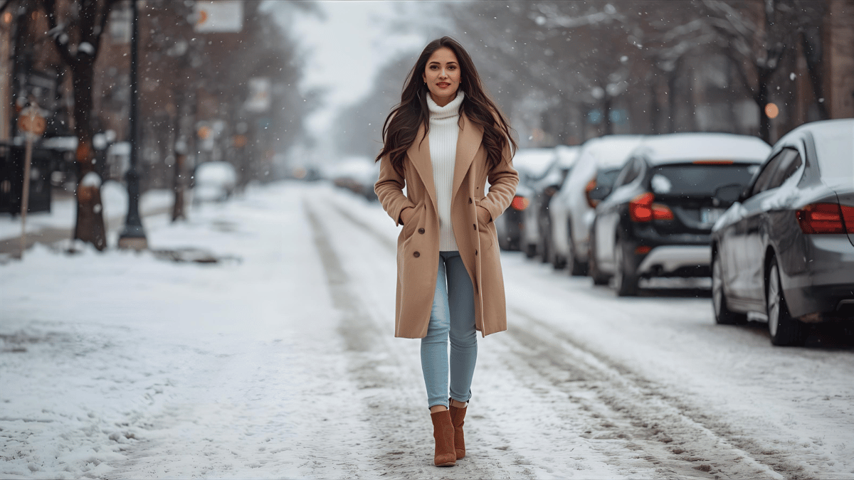 A woman walking down a snowy street wearing a beige wool coat layered over a white turtleneck sweater, light blue jeans, and tan ankle boots. Soft snowflakes falling, cozy winter city vibe.