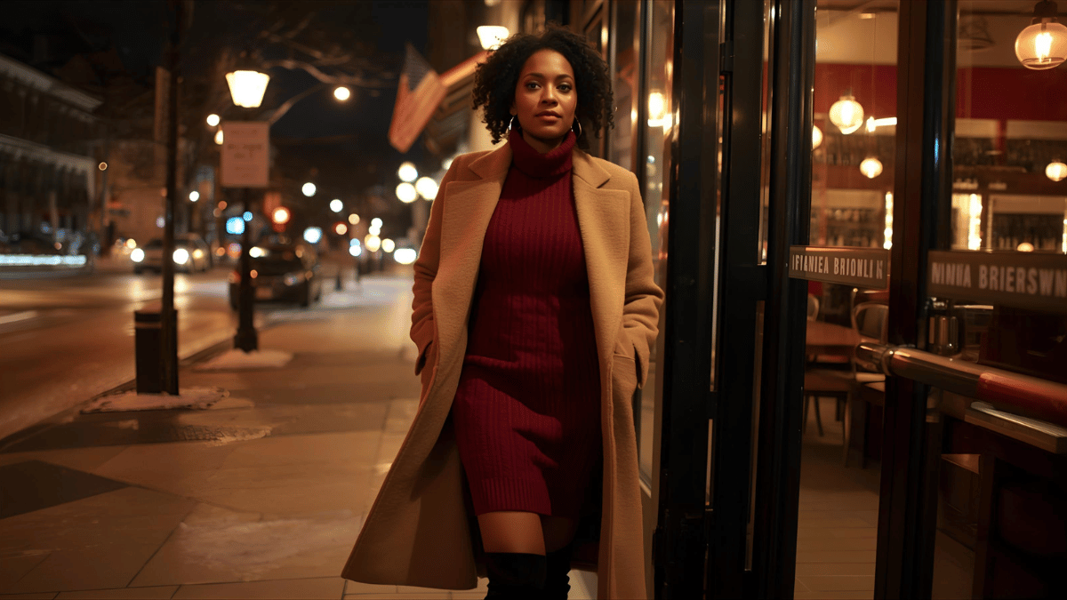 A woman walking into a restaurant at night wearing a burgundy knit dress, long wool coat, and knee-high boots, city lights and snow creating a warm winter glow.