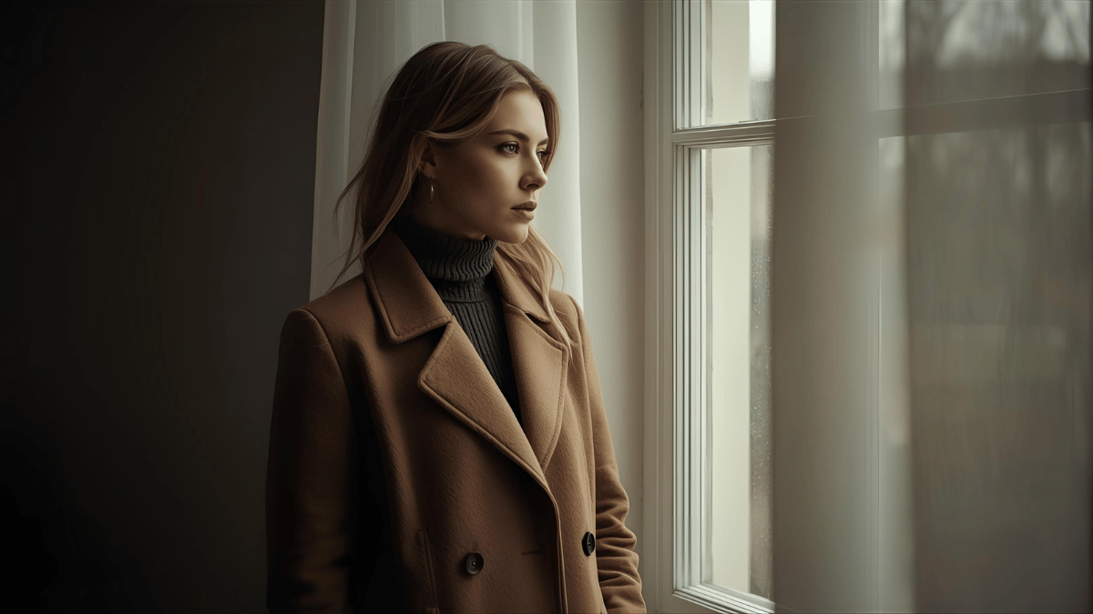 Artistic photo of a woman in Gorro Greiva coat standing by a window in soft morning light, elegant neutral tones, cinematic composition, emotional minimalist storytelling style.