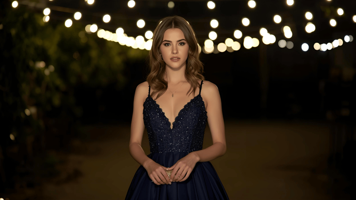 Beautiful young woman wearing a midnight-blue fit-and-flare dress with soft shimmer, subtle curls, holding a small clutch, standing under string lights at night — dreamy cinematic lighting.