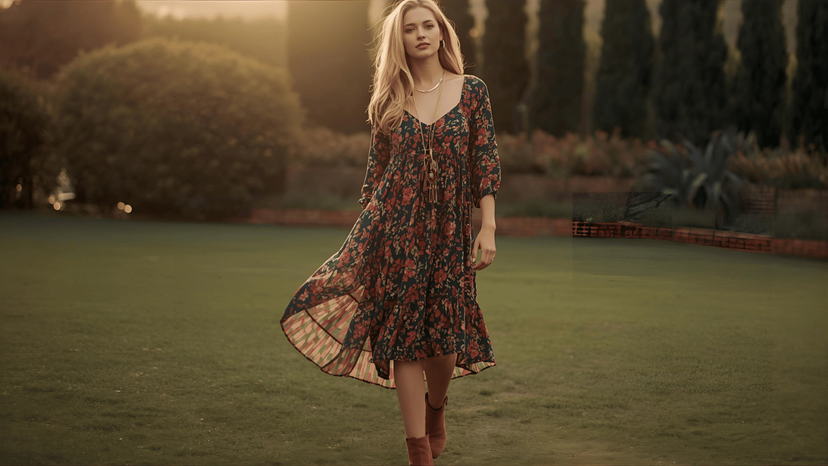 Boho-inspired woman wearing flowy floral midi dress, suede ankle boots, layered necklaces, soft natural lighting, outdoor garden background.