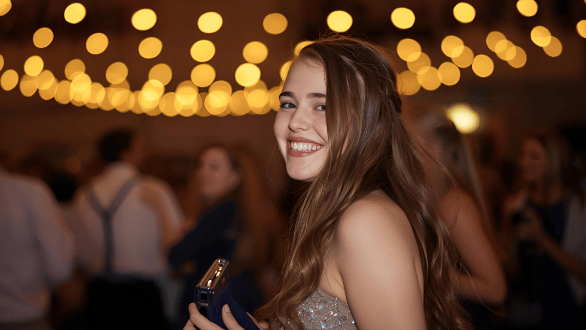 Candid photo of a girl smiling at homecoming dance under string lights, holding clutch, soft bokeh background, genuine expression, warm tone.