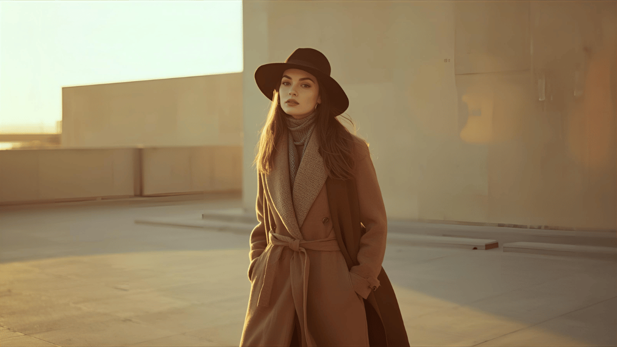 Cinematic high-fashion editorial of a woman walking through a minimalist urban setting wearing Gorro Greiva winter hat and long coat, golden hour light, soft tones, elegance and serenity, Vogue cover aesthetic.