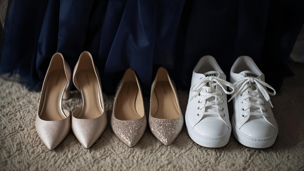 Close-up of elegant block heels, sparkly flats, and white sneakers arranged beside a navy homecoming dress under soft bedroom light.
