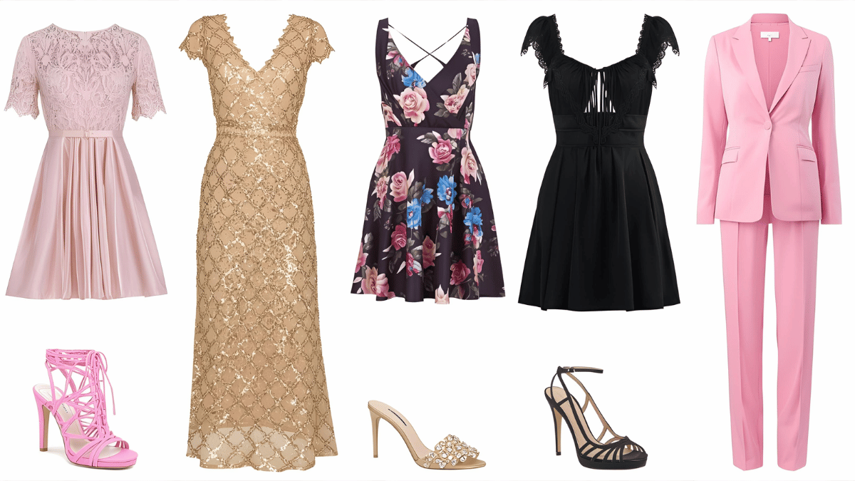 Collage of homecoming outfit styles: a romantic pastel lace dress, a gold sequin gown, a boho floral mini dress, a classic black satin dress, and a trendy pink two-piece set, arranged with accessories and heels.