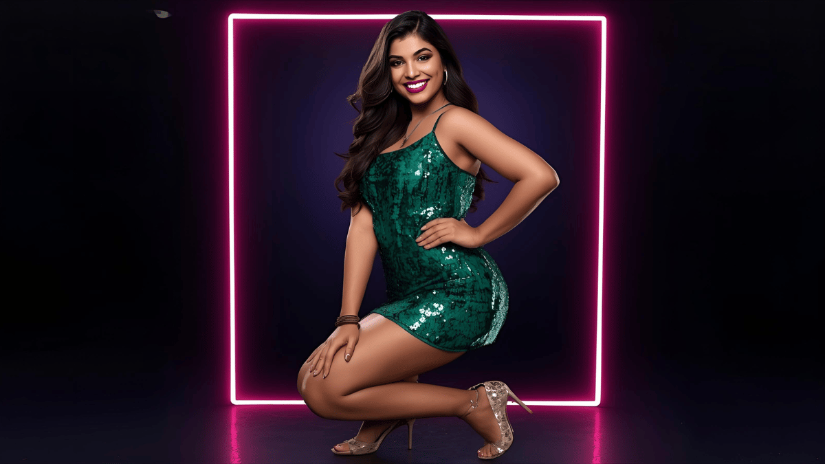 Confident young woman in emerald sequin mini dress, high heels, bold red lipstick, under neon dance lights, smiling, modern and cinematic portrait.