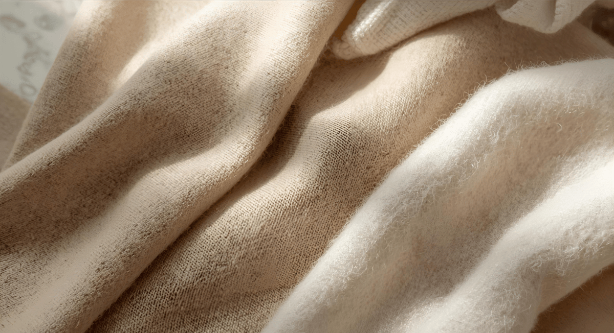 Editorial close-up of Gorro Greiva fashion fabrics — soft wool, linen, and cotton textures in beige and ivory tones, arranged aesthetically on a designer table, Vogue-style lighting, minimal luxury composition.