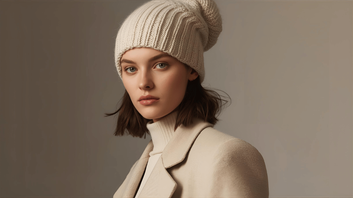 Editorial runway portrait of a woman wearing a neutral-toned Gorro Greiva beanie, elegant minimalist outfit, soft lighting, luxury fashion magazine aesthetic, high-resolution photography, cinematic tones.