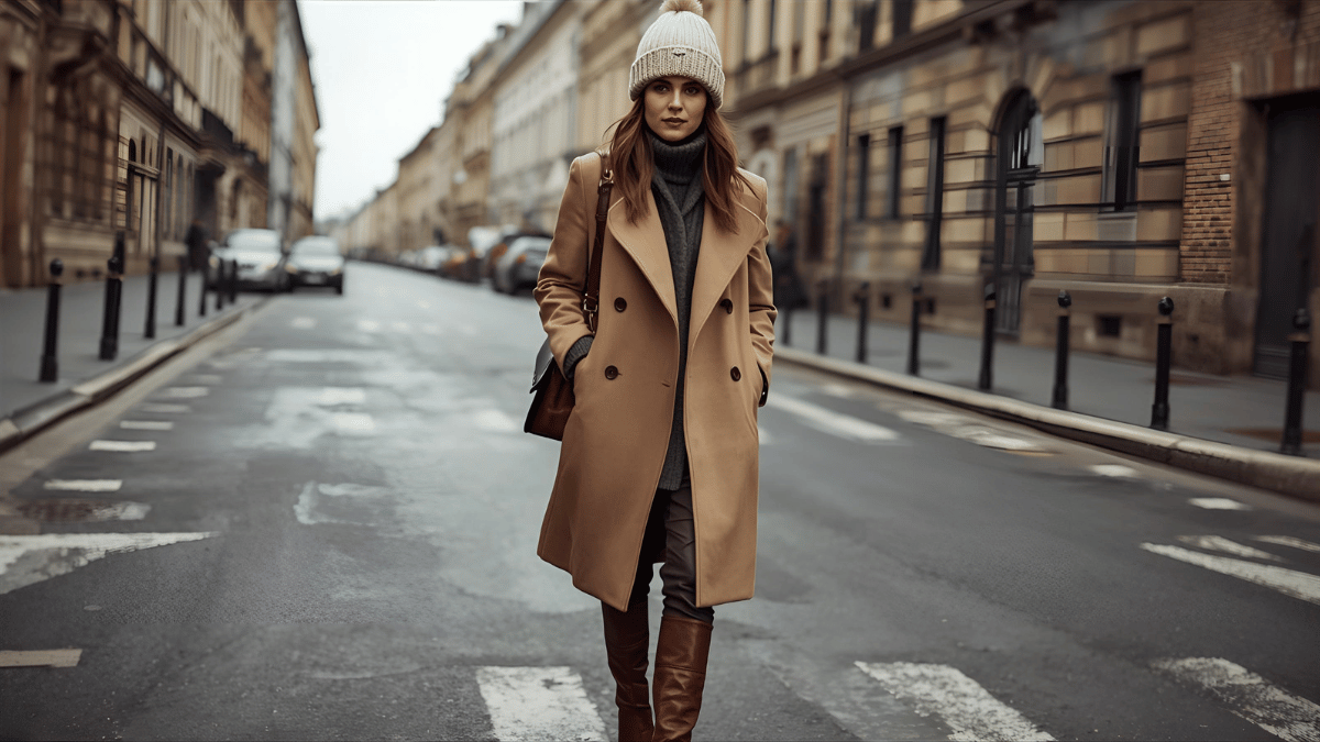 Editorial street-style shot of a woman in Gorro Greiva fashion: neutral-toned coat, knit beanie, leather boots, walking in a chic European city street, overcast lighting, cinematic magazine tone.