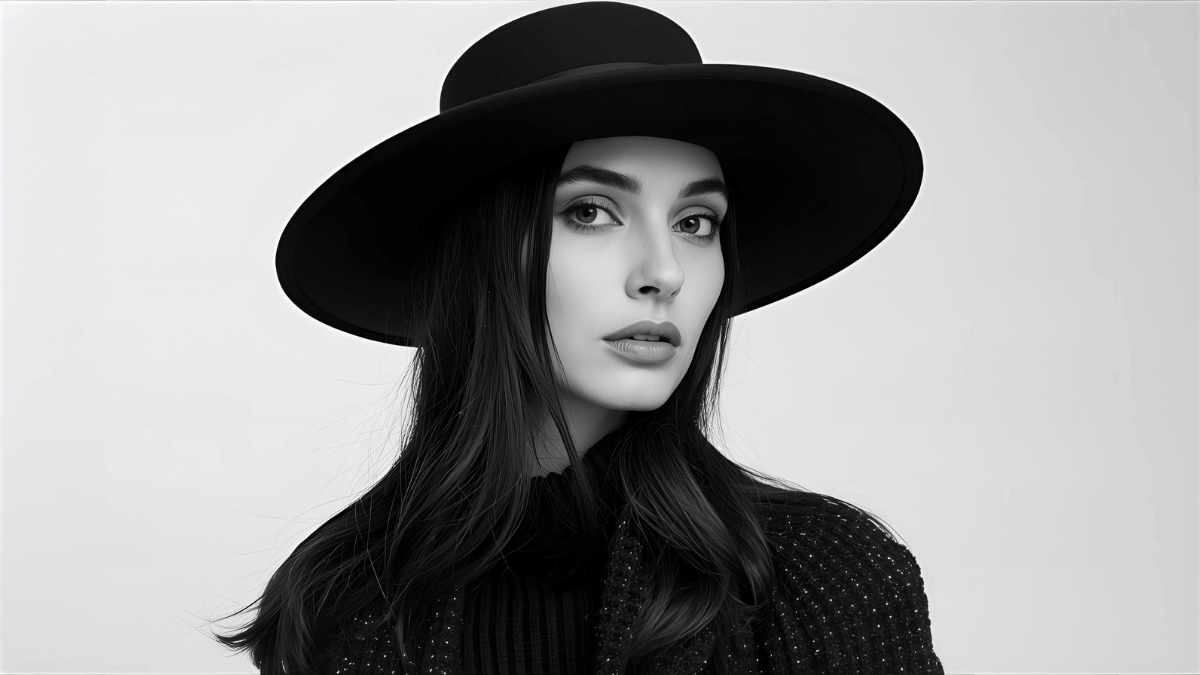 Elegant minimalist editorial portrait of a woman in timeless Gorro Greiva attire, monochrome background, calm facial expression, soft studio lighting, sophisticated fashion photography.