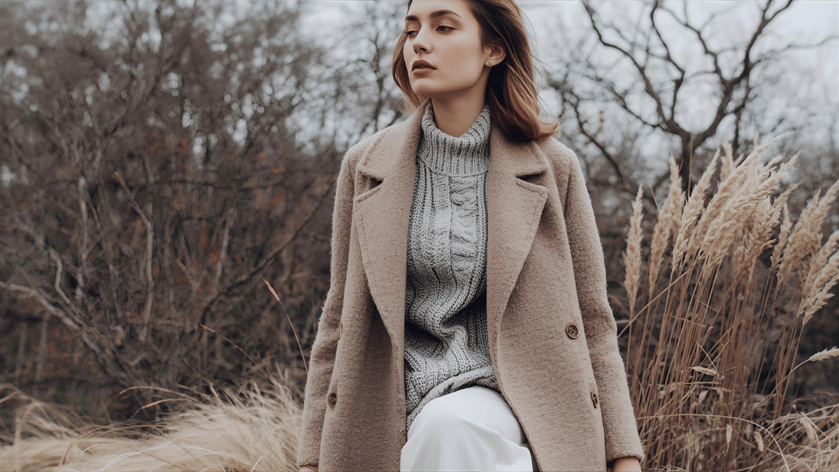 Fashion editorial image of eco-friendly luxury — woman in Gorro Greiva sustainable coat made of organic wool, neutral earth tones, nature backdrop, elegant composition, eco-luxury vibe.