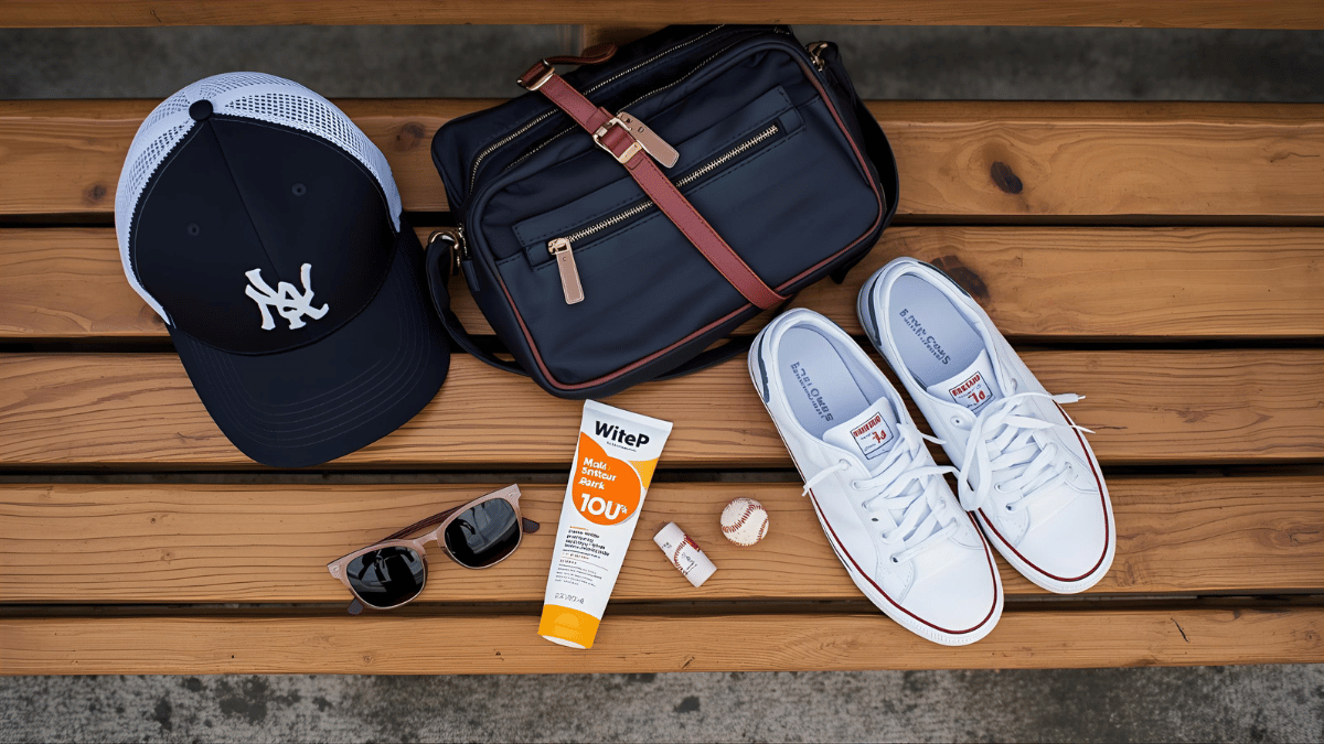 Flat lay of baseball game essentials — cap, sunglasses, crossbody bag, sneakers, and sunscreen on a wooden bench.