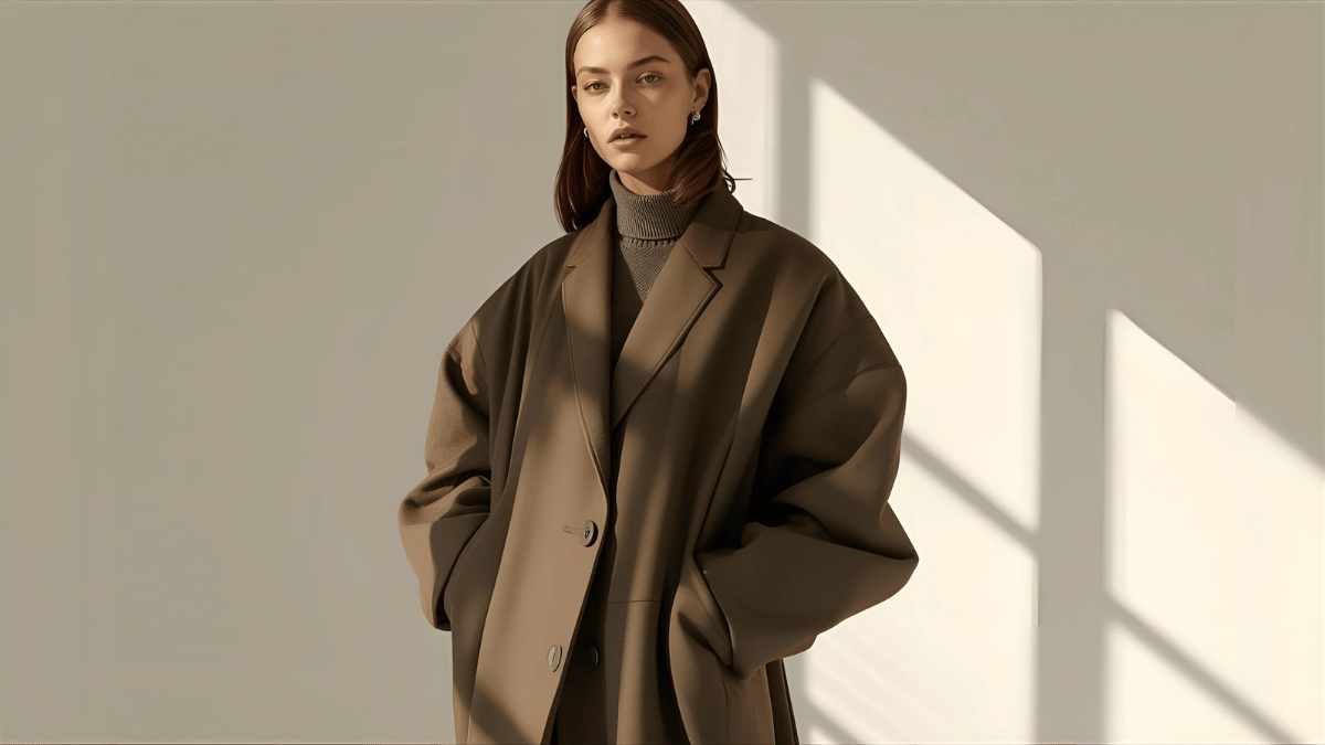 High-fashion editorial photo of a modern woman wearing futuristic sustainable fabric coat by Gorro Greiva, minimalist studio setting, natural light, muted earthy tones, artistic Vogue-style composition.