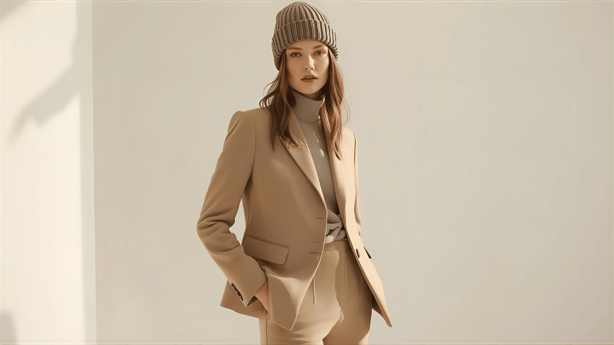High-fashion editorial photo of a woman in a minimalist beige outfit with a Gorro Greiva knit hat, standing in soft daylight, neutral background, clean composition, luxury fashion magazine style.