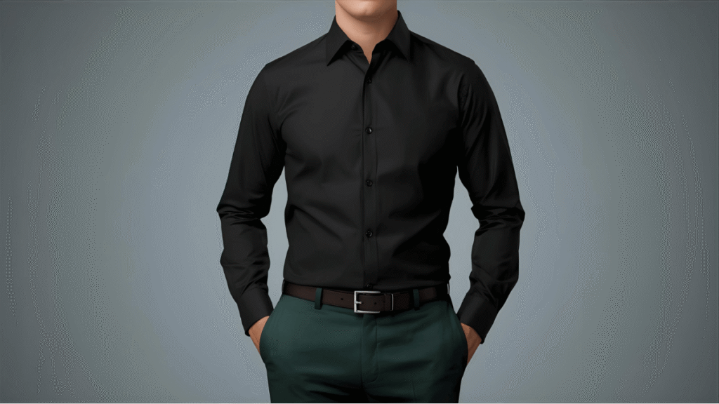 Office Ready — Black Dress Shirt + Dark Green Trousers (2)