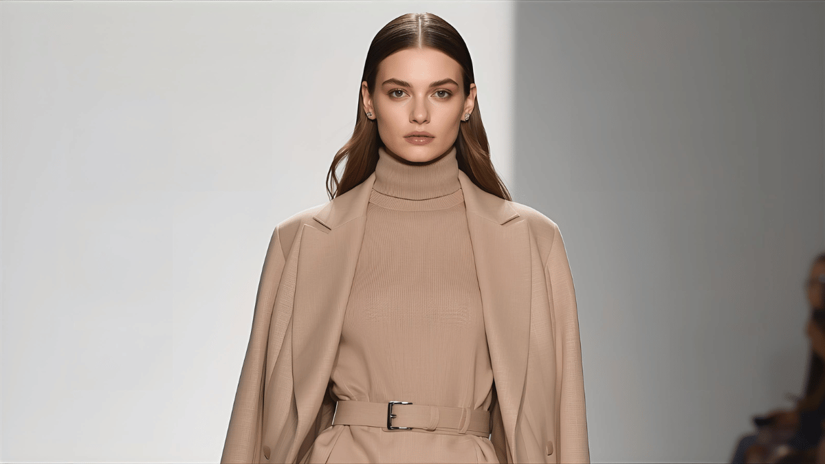 Runway editorial image of a confident woman wearing minimalist beige power dressing — high-neck sweater, structured coat, soft lighting, monochrome backdrop, luxury fashion mood.