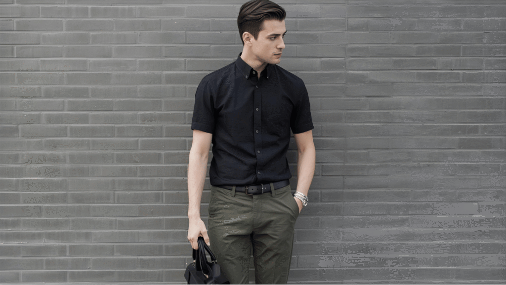 Smart Casual Look — Black Slim Shirt + Olive Green Chinos