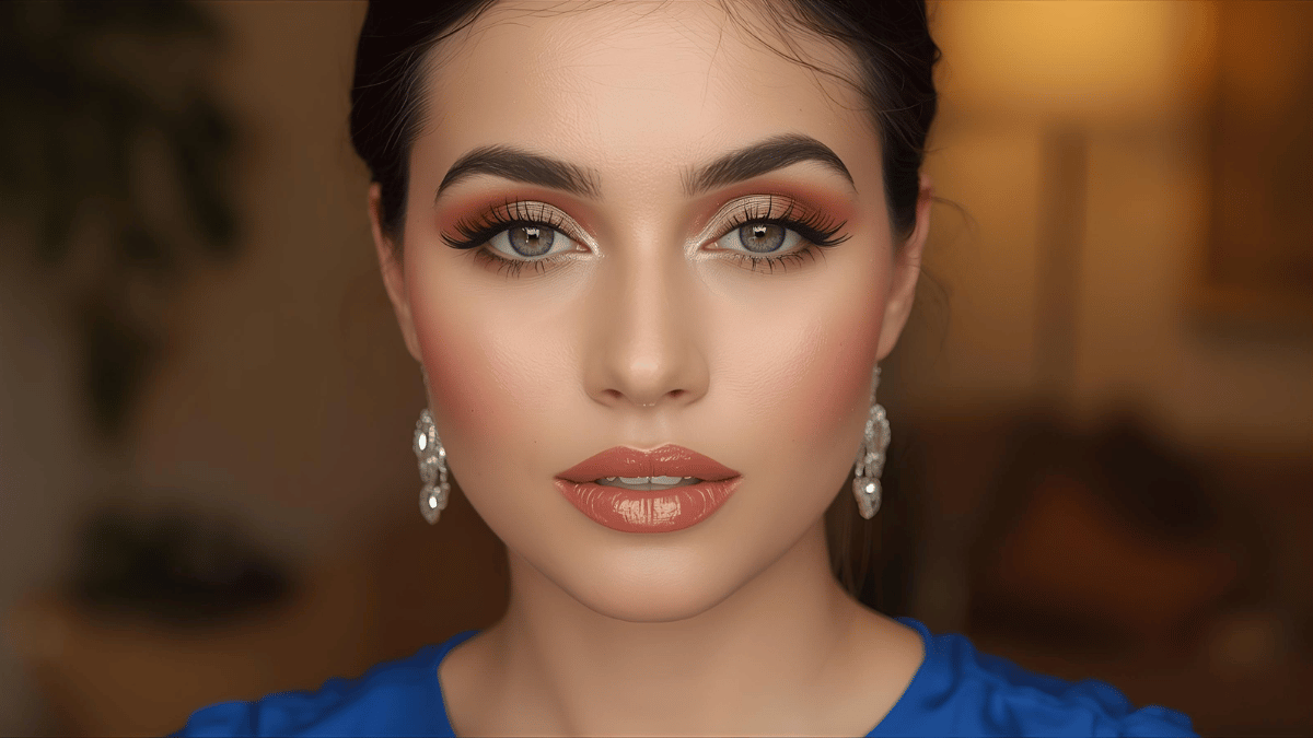 Soft glam makeup look with champagne eyeshadow, rose blush, and glossy pink lips on young woman wearing blue dress, indoor warm lighting.