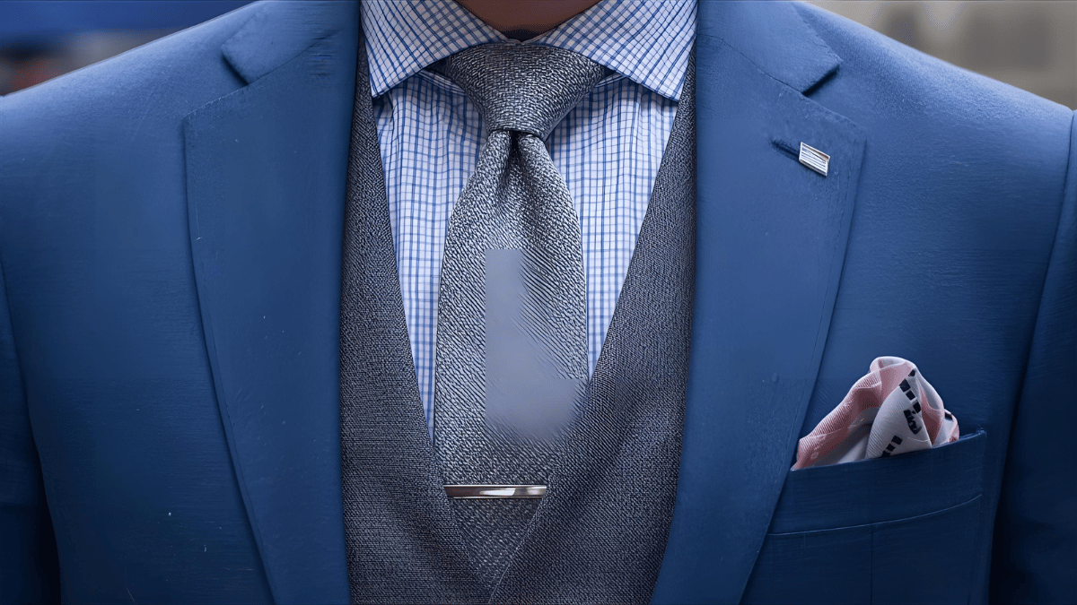 Stylish Contrast: Blue Suit with a Grey Tie