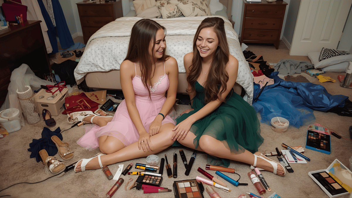 Two teenage girls sitting on a bedroom floor surrounded by dresses, heels, curling irons, and makeup, laughing while getting ready for homecoming night.
